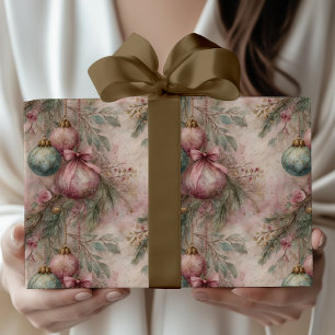 Papier Cadeau Boule de Noël vintage rose et verte à l'aquarelle 