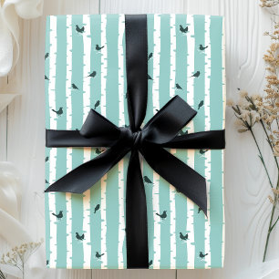 Papier Cadeau Bouleaux bleus chic et jolis oiseaux