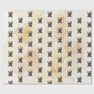 Papier Cadeau Bouledogue français gris en chapeau de Père Noël