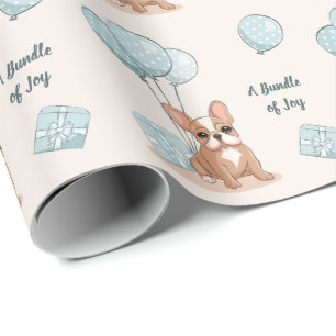 Papier Cadeau Bouledogue français sur ballon bleu Baby Shower ga