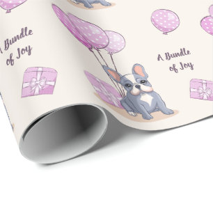 Papier Cadeau Bouledogue français sur ballon rose Baby Shower fi