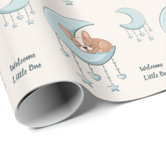 Papier Cadeau Bouledogue Français sur Lune Bleu Garçon Baby Show