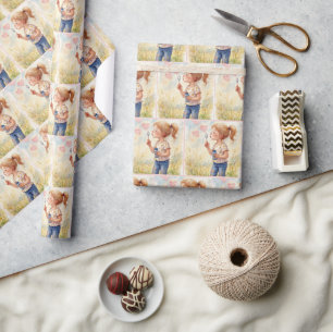 Papier Cadeau Boules Coeur Fille En Aquarelle