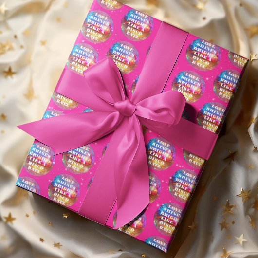 Papier Cadeau Boules de disco rétro à paillettes roses chic pour
