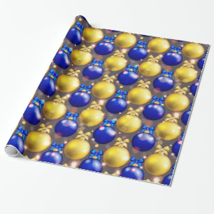 Papier Cadeau Boules de Noël bleues et jaunes avec des vaches