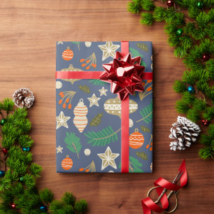 Papier Cadeau Boules de Noël et Feuillage d'Hiver Bleu