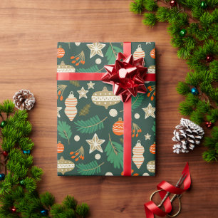 Papier Cadeau Boules de Noël et Feuillage d'Hiver Vert