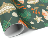 Papier Cadeau Boules de Noël et Feuillage d'Hiver Vert (Coin rond)