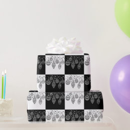 Papier Cadeau Boules de Noël noir et blanc festives