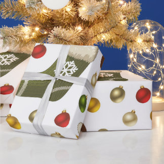 PAPIER CADEAU BOULES DE NOËL ROUGES VERTES DORÉES ET BAS