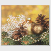 Papier Cadeau Boules d'or élégantes, Pinecones, Flocon de neige (Plat)