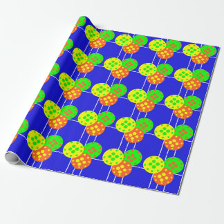 Papier Cadeau Boulettes jaunes, orange et vertes sur cour bleue