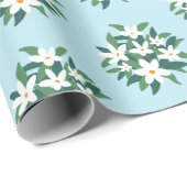 Papier Cadeau Bouquet de fleurs de jasmin blanc sur bleu (Coin rond)