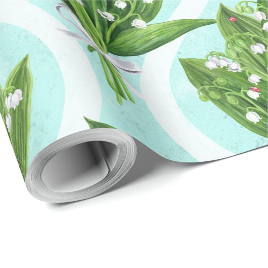 Papier Cadeau Bouquet de lis de la vallée fleurs sur le bleu (Coin rond)