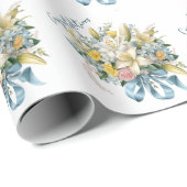 Papier Cadeau Bouquet de mariage aux lys blancs et ruban bleu (Coin rond)
