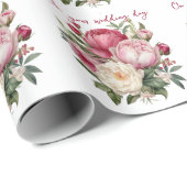 Papier Cadeau Bouquet de mariage de pivoines roses, rouges et bl (Coin rond)