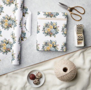 Papier Cadeau Bouquet de mariage Roses Bleues et Jaunes