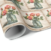 Papier Cadeau Bouquet de roses aquarelles dans un pot (Coin rond)