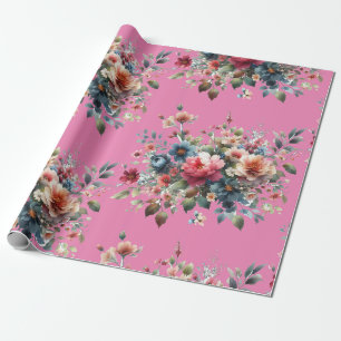 Papier Cadeau Bouquet élégant de fleurs sauvages roses et bleues