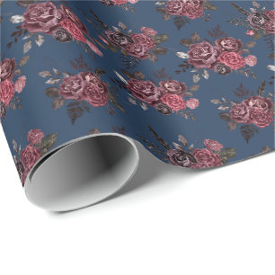 Papier Cadeau Bouquet floral Bourgogne sur bleu prussien