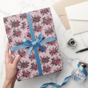 Papier Cadeau Bouquet floral Bourgogne sur gris rose