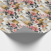Papier Cadeau Bouquets de fleurs roses avec or et Carrés blancs (Coin)