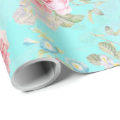 Papier Cadeau Bouquets de roses antiques par Redouté en bleu (Coin rond)