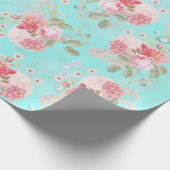 Papier Cadeau Bouquets de roses antiques par Redouté en bleu (Coin)