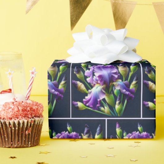 Papier Cadeau Bouquets Iris Violet Sur Noir (Fête d'anniversaire)