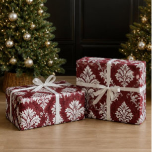 Papier Cadeau Bourgogne élégant, Noël damassé victorien blanc