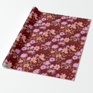 Papier Cadeau Bourgogne et motif floral vintage rose poudré