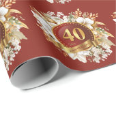 Papier Cadeau Bourgogne et or Floral 40e anniversaire Mariage (Coin rond)