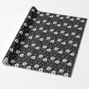 Papier Cadeau Bourgogne & Ivoire Floral sur Fond Noir