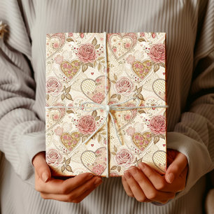 Papier Cadeau Bourgogne Ivoire Vintage Cœurs Frisés Roses Rustiq