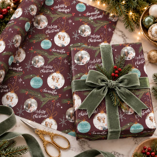 Papier Cadeau Bourgogne Joyeux Noël Ornement de Pin Photo