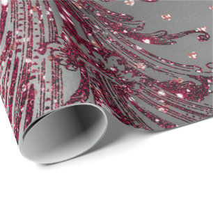 Papier Cadeau Bourgogne Maron Royal Floral Hearts Damask Argent