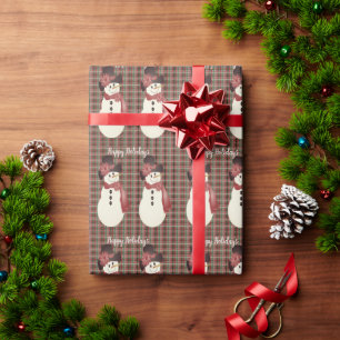 Papier Cadeau Bourgogne Plaid Avec Snowman