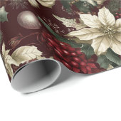 Papier Cadeau Bourgogne traditionnel Floral de Noël (Coin rond)