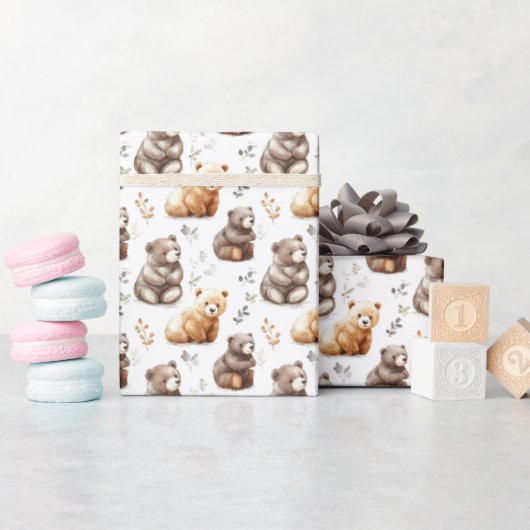 Papier Cadeau Bours Brown mignons en blanc (Baby Shower)