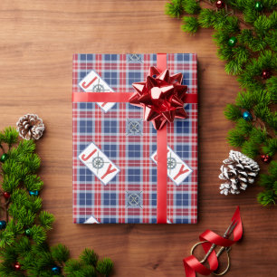Papier Cadeau Boussole JOIE Nautique Noël Bleu & Rouge Plaid