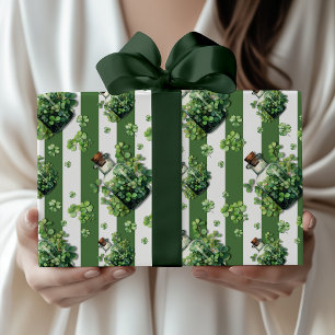 Papier Cadeau Bouteille vintage verte à rayures de trèfle chic F