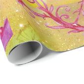 PAPIER CADEAU BOUTEILLES EN JAUNE D'OR BROWN ÉPARKLES VERTS (Coin rond)