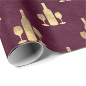 Papier Cadeau Bouteilles et verres de vin en or métallique sur l (Coin rond)