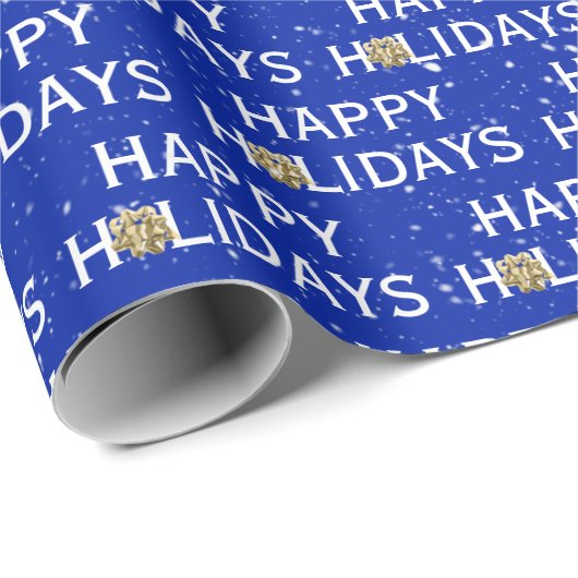 Papier Cadeau Bow de Noël en or sur bleu (Coin rond)