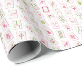 Papier Cadeau Bowling Mahjong Rose & Vert à l'aquarelle (Coin rond)