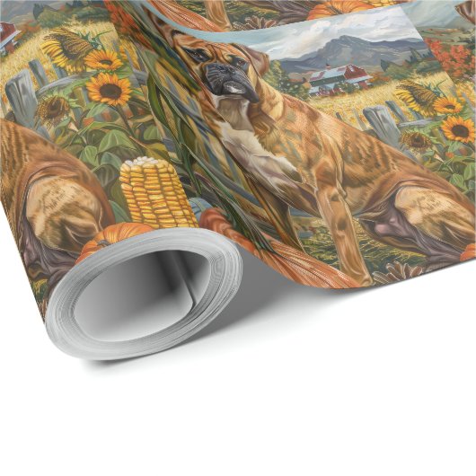 Papier Cadeau Boxe Chien Moisson Automne Thanksgiving (Coin rond)