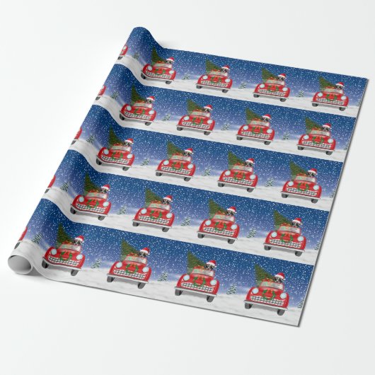 Papier Cadeau Boxer Chien Conduite Voiture En Noël De Neige (Déroulé)