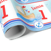 Papier Cadeau Boys nom peint voilier bateau 1er anniversaire env (Coin rond)
