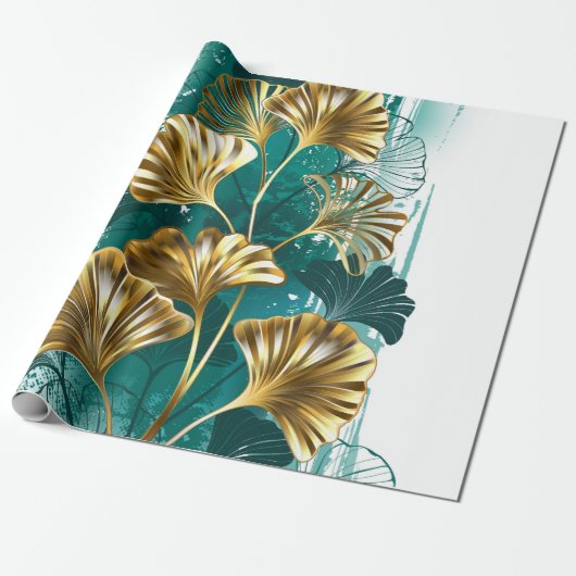 Papier Cadeau Branche avec Feuilles d'or Ginko Biloba (Déroulé)