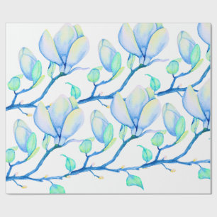 Papier Cadeau Branche de Magnolia Aquarelle Bleu Vert Botanique